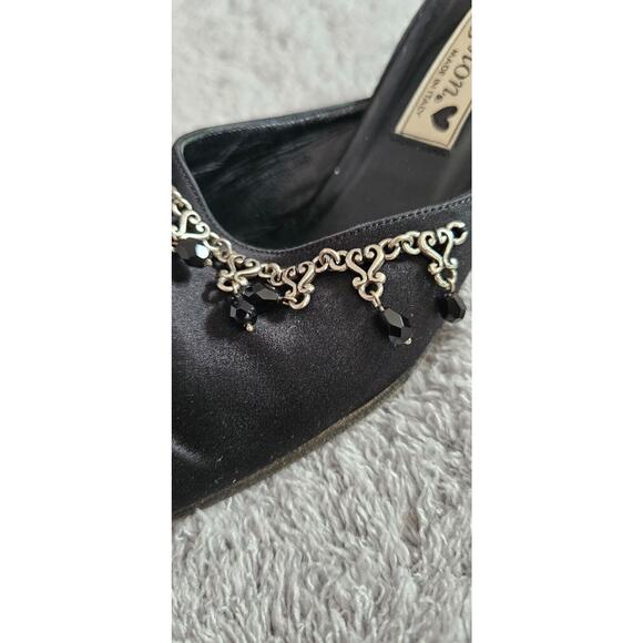 BRIGHTON ZIZI‎ US 6M Black Satin Jeweled Pointy Toe Medium Heel Mule Shoe ITALY - Picture 3 of 6